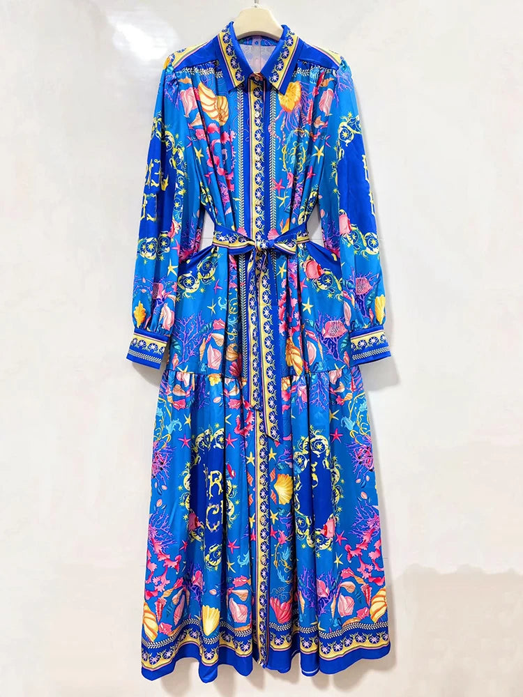 Detail view of retro coastal print maxi dress showing collar and button placket