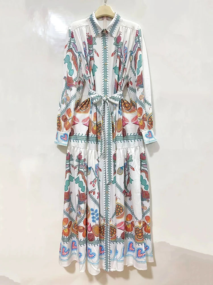 Vacation dress for women in retro coastal scarf print with tie waist belt