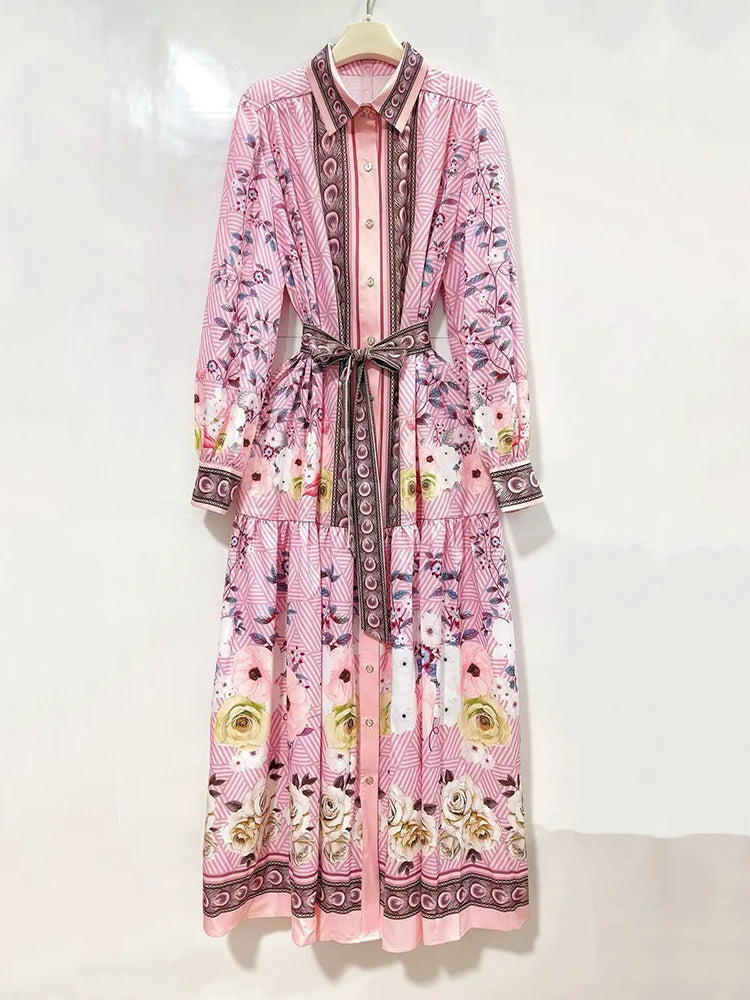 Retro print maxi dress with tie belt, skirt detail view