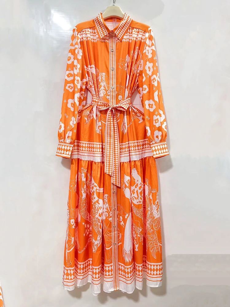 Retro print vacation dress for women, cuff and sleeve detail