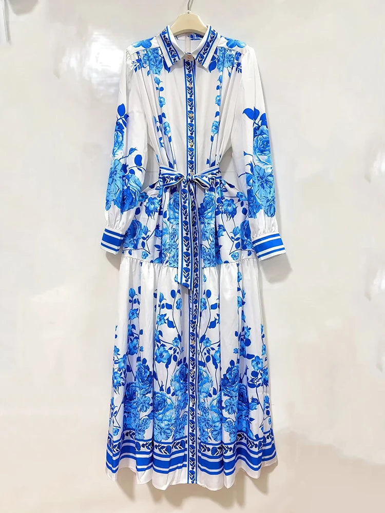 Retro coastal print maxi dress with tie belt, styled full length view
