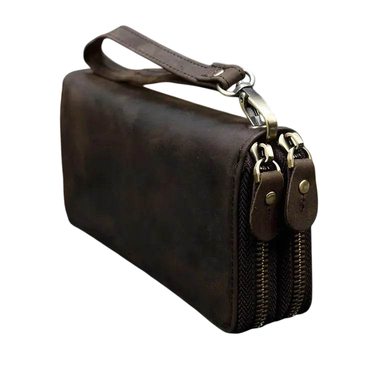 Retro Crazy Horse Leather Double Zipper Wallet for Men