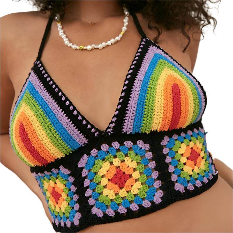 VacationGrabs retro knitted halter tops in vibrant colors featuring crochet patterns for a trendy look