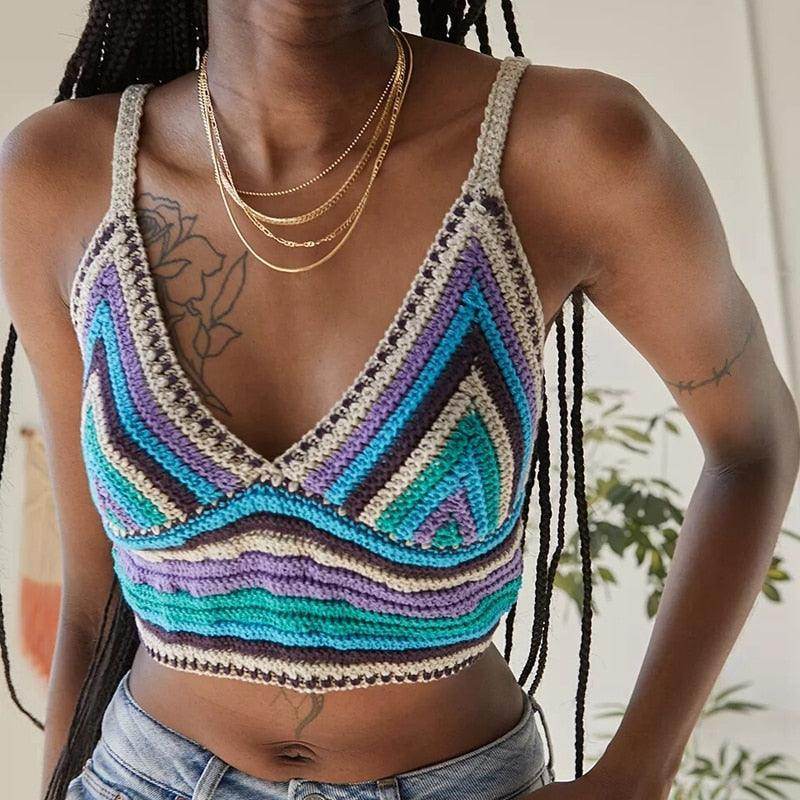 VacationGrabs retro knitted halter tops featuring vibrant colors and a stylish design for summer wear