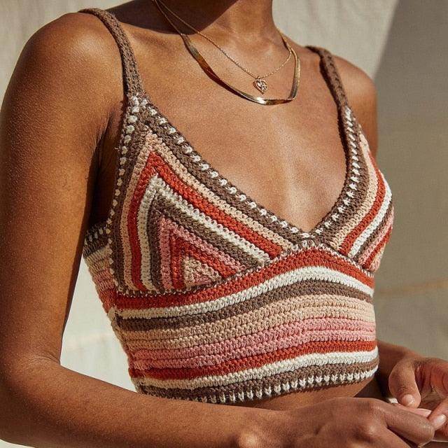 VacationGrabs retro knitted halter tops with a colorful striped design and adjustable straps