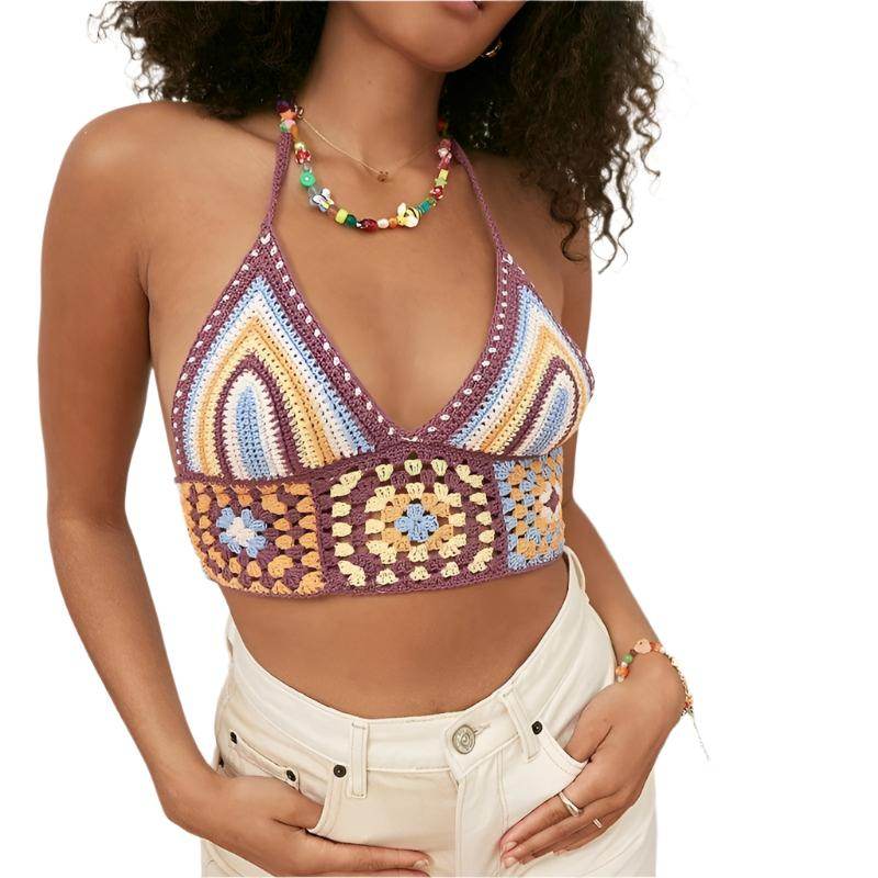 VacationGrabs retro knitted halter tops in multicolor crochet design for stylish summer outfits