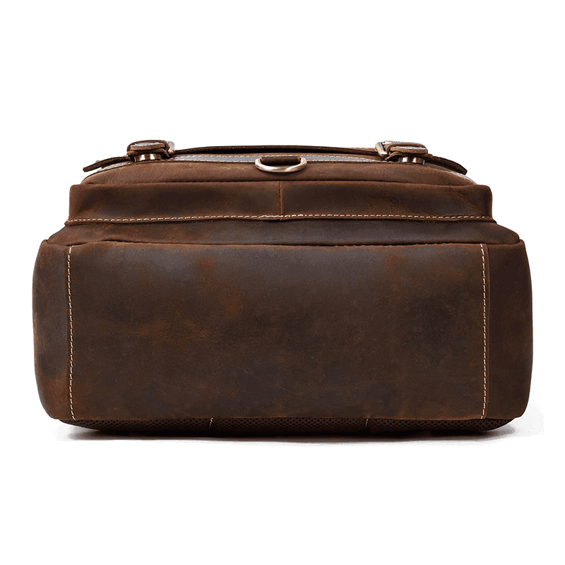 Bottom view of a retro leather backpack by VacationGrabs showcasing durable material and spacious design