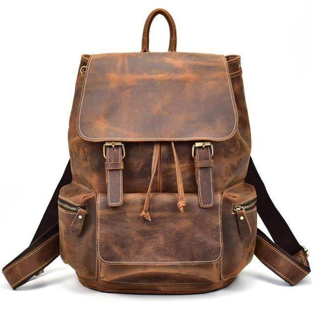 Brown retro school backpack for students with multiple pockets and adjustable straps