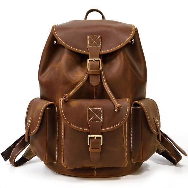 VacationGrabs retro school backpack for students in brown leather with multiple pockets