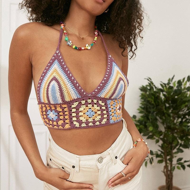 Women's Shirts - Cropped Tops Retro Striped Knitted Halter Crop Tops Spaghetti Straps