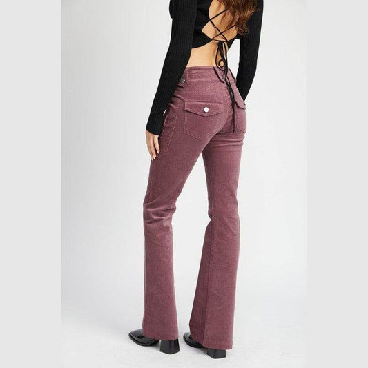 Emory Park retro style low rise pants in mauve with flared legs and back pocket details