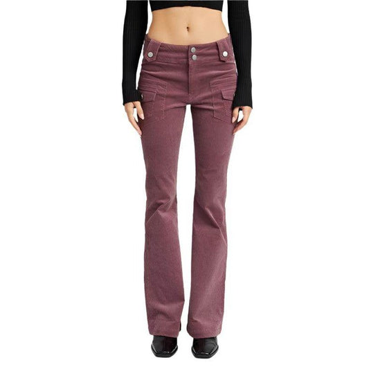 Emory Park Women's retro style low rise pants in maroon with front pockets and a flared leg design