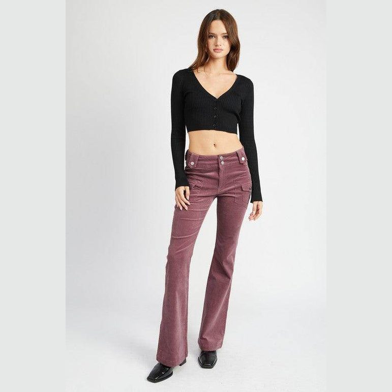 Emory Park retro style low rise pants in burgundy, styled with a black crop top for a trendy look