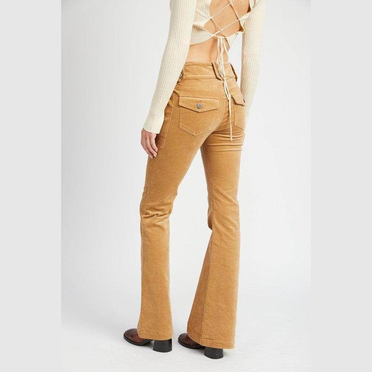 Emory Park retro style low rise pants in tan with flared legs and back pockets for a trendy look