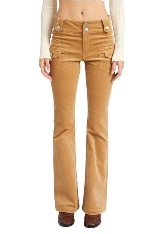 Emory Park retro style low rise pants in a warm tan color with front pockets and flared legs