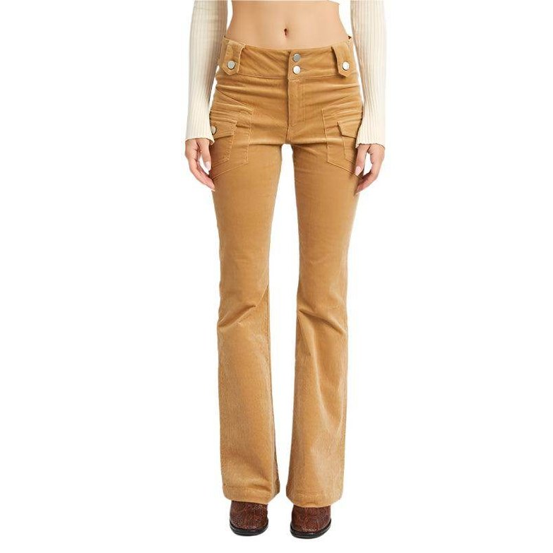 Emory Park retro style low rise pants in a warm tan color with front pockets and flared legs