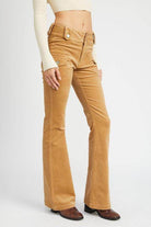 Emory Park retro style low rise pants in tan with flared legs and front pockets for a stylish look