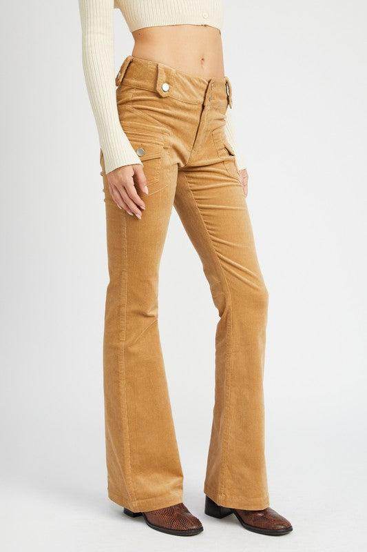 Emory Park retro style low rise pants in tan with flared legs and front pockets for a stylish look