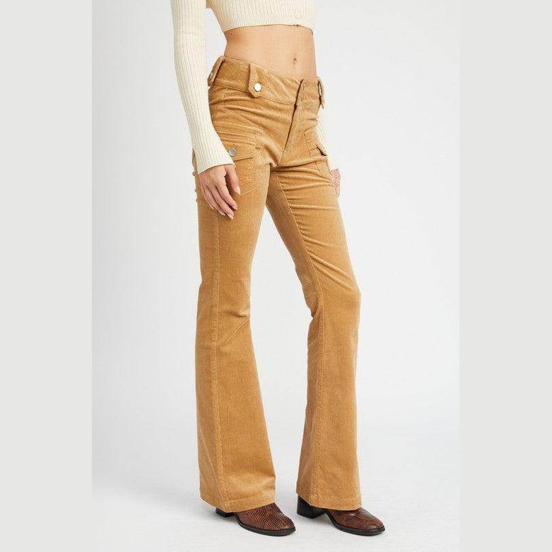 Emory Park retro style low rise pants in tan with flared legs and front pockets for a stylish look