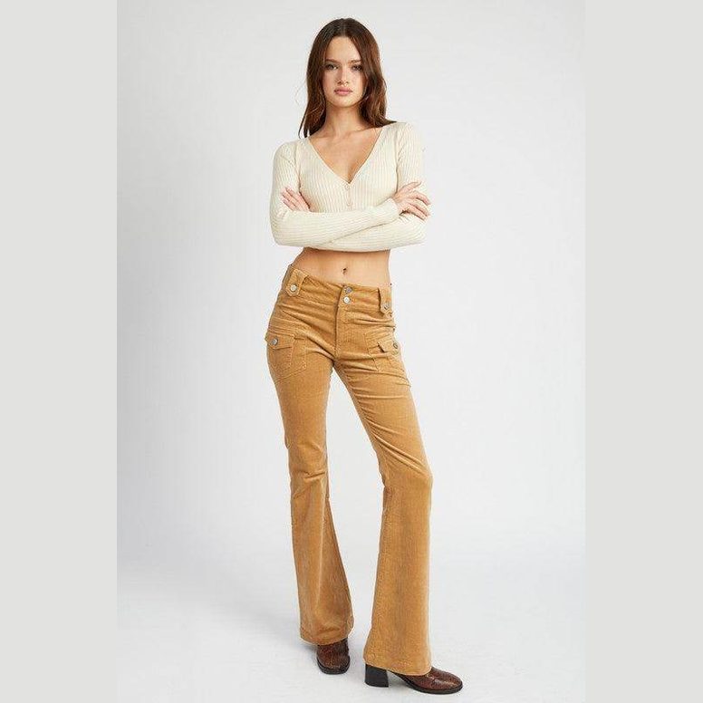 Emory Park retro style low rise pants in tan with flared legs for a vintage look