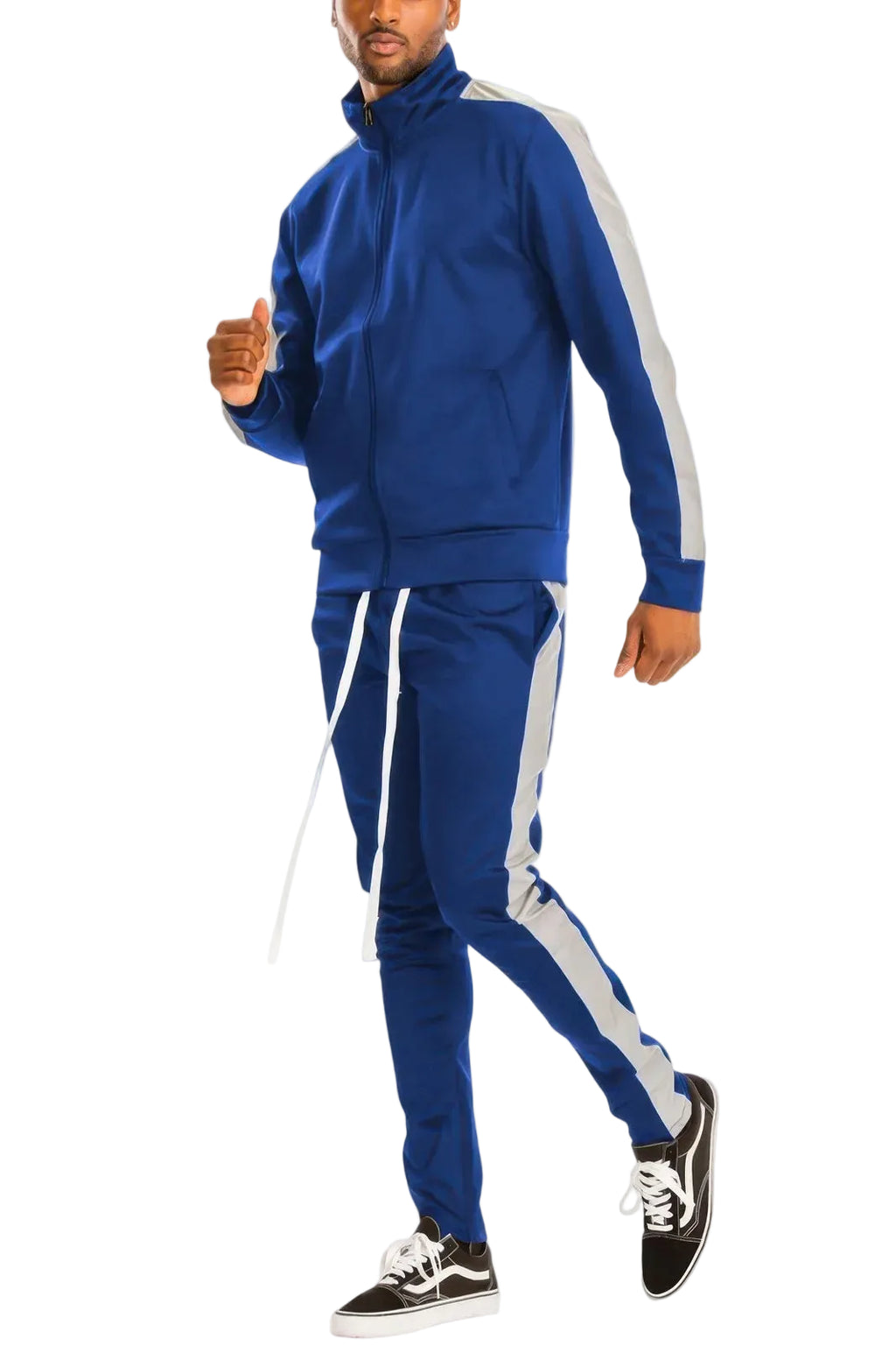 Retro tracksuit mens in blue with gray side stripes for casual wear