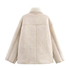 Back view of a SHOMICOBOUTIQUE reversible fur leather jacket in beige featuring a cozy collar