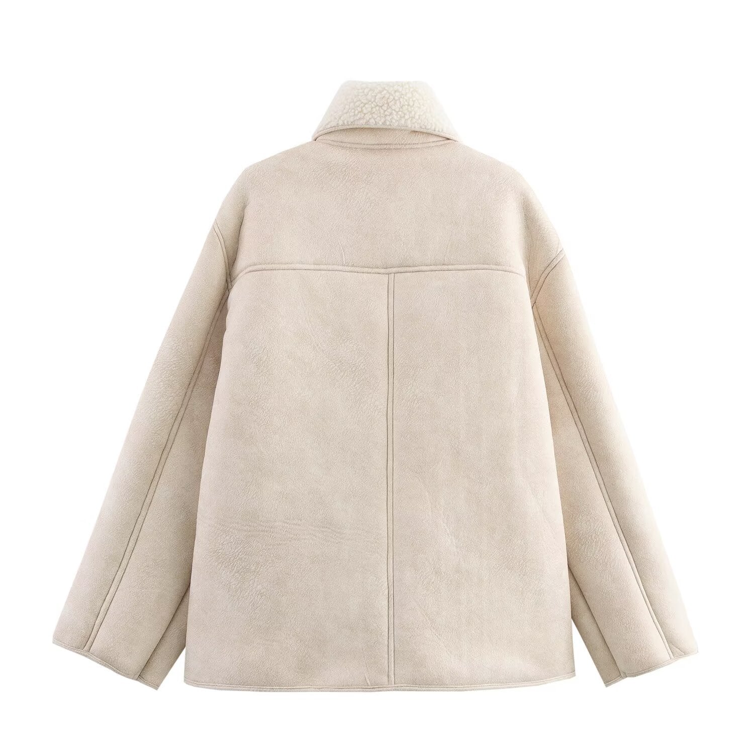 Back view of a SHOMICOBOUTIQUE reversible fur leather jacket in beige featuring a cozy collar