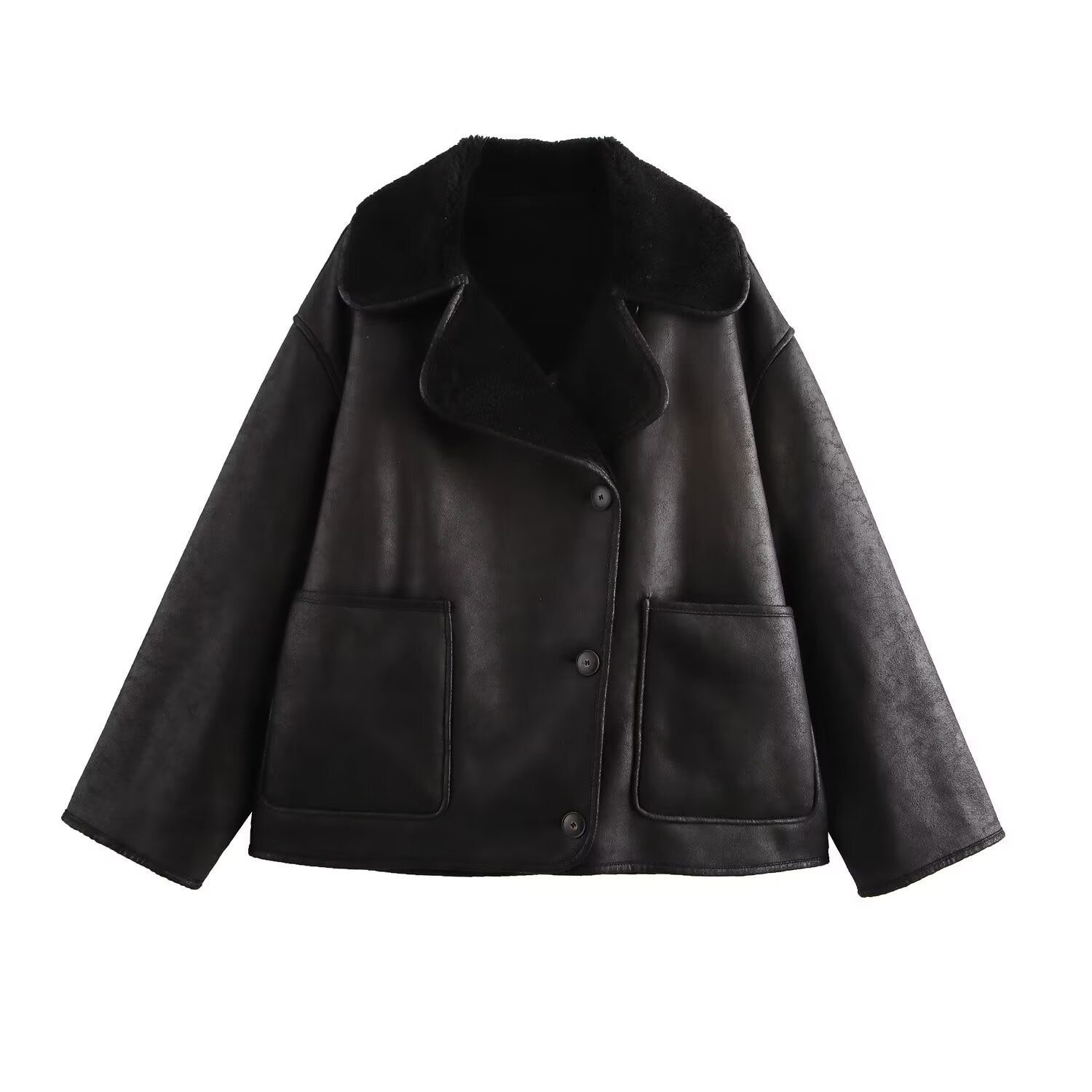Stylish SHOMICOBOUTIQUE reversible fur leather jacket with a cozy collar and front pockets