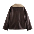 Back view of a reversible fur leather jacket in dark brown with a cozy collar design