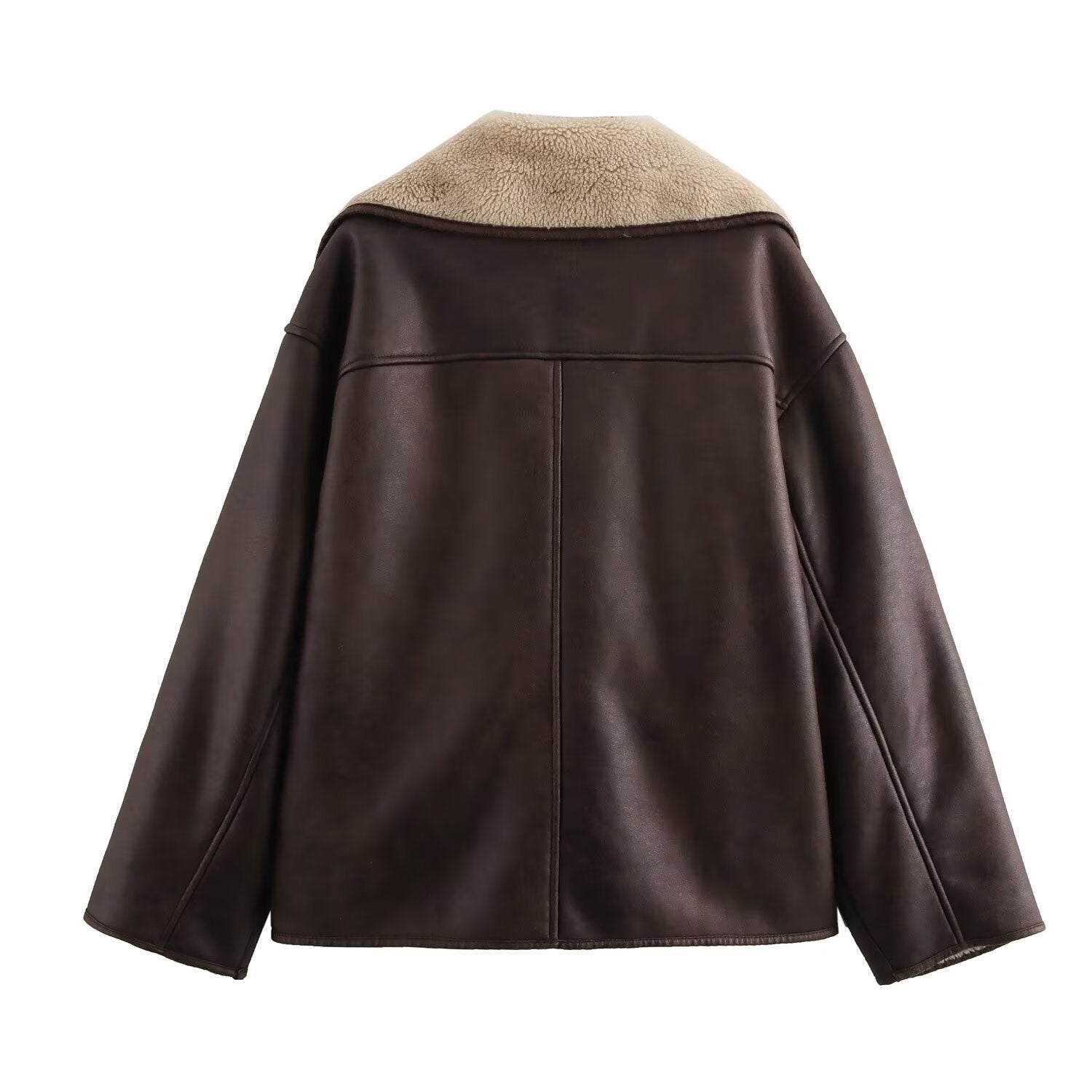 Back view of a reversible fur leather jacket in dark brown with a cozy collar design