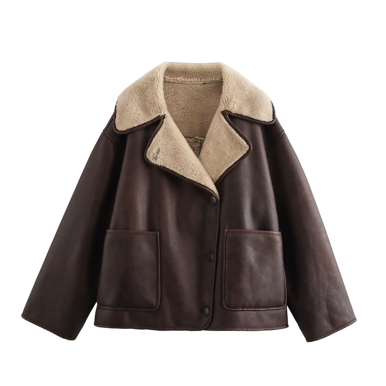 Stylish reversible fur leather jacket featuring cozy shearling lining and front pockets