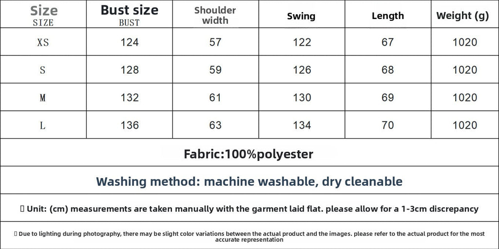 Size guide for SHOMICOBOUTIQUE reversible fur leather jacket with bust, shoulder, swing, length, and weight details
