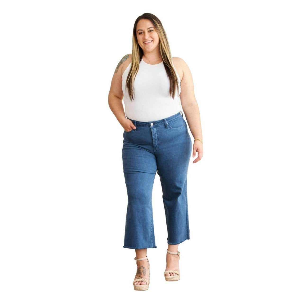 RFM Crop Chloe Full Size Tummy Control High Waist Raw Hem - VacationGrabs