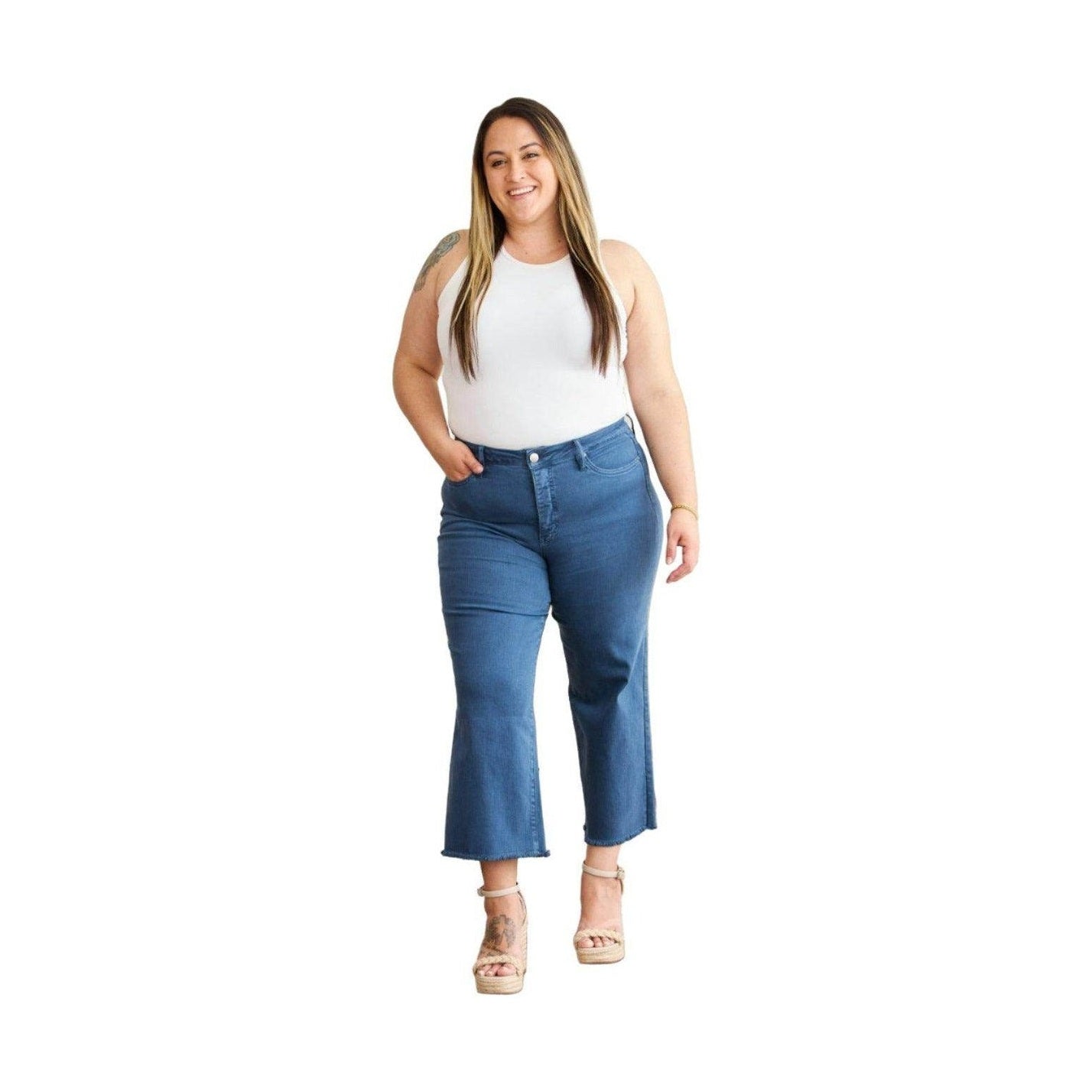 RFM Crop Chloe Full Size Tummy Control High Waist Raw Hem - VacationGrabs