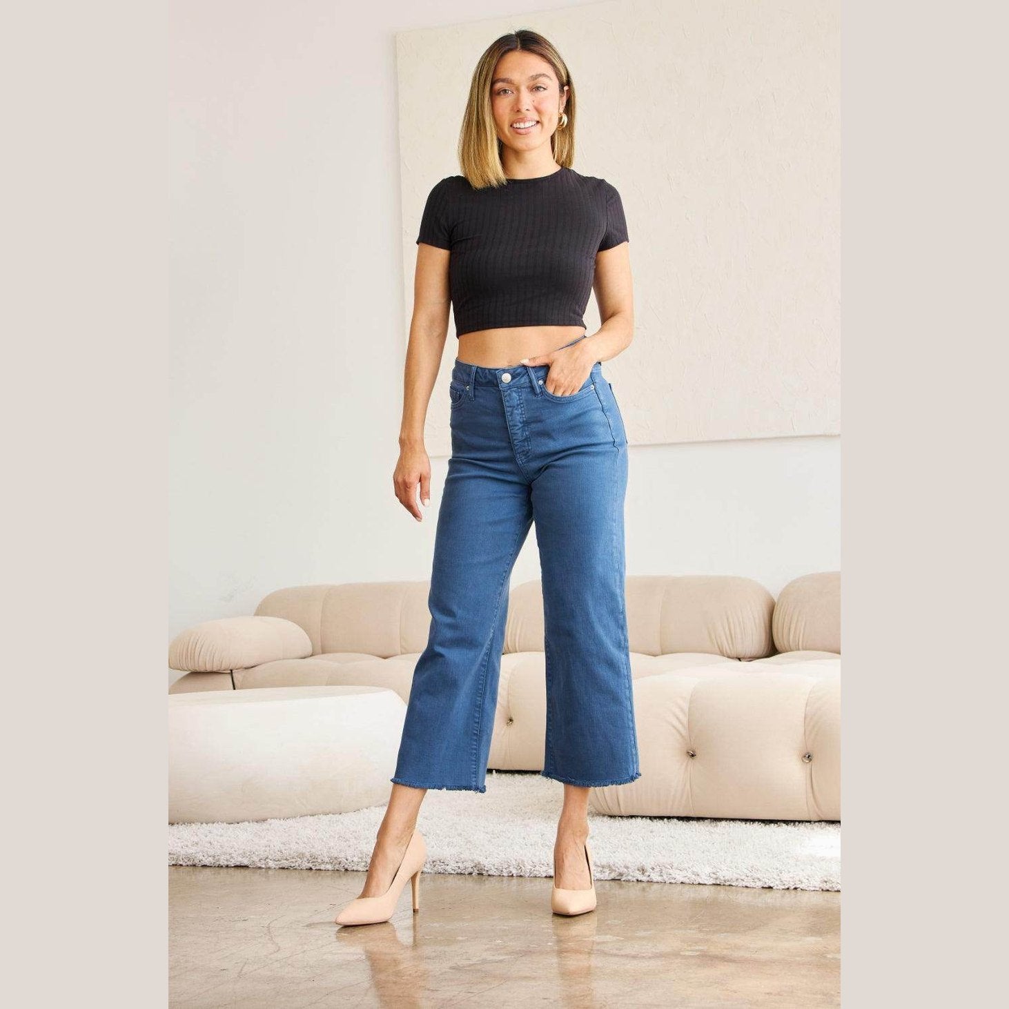 RFM Crop Chloe Full Size Tummy Control High Waist Raw Hem - VacationGrabs