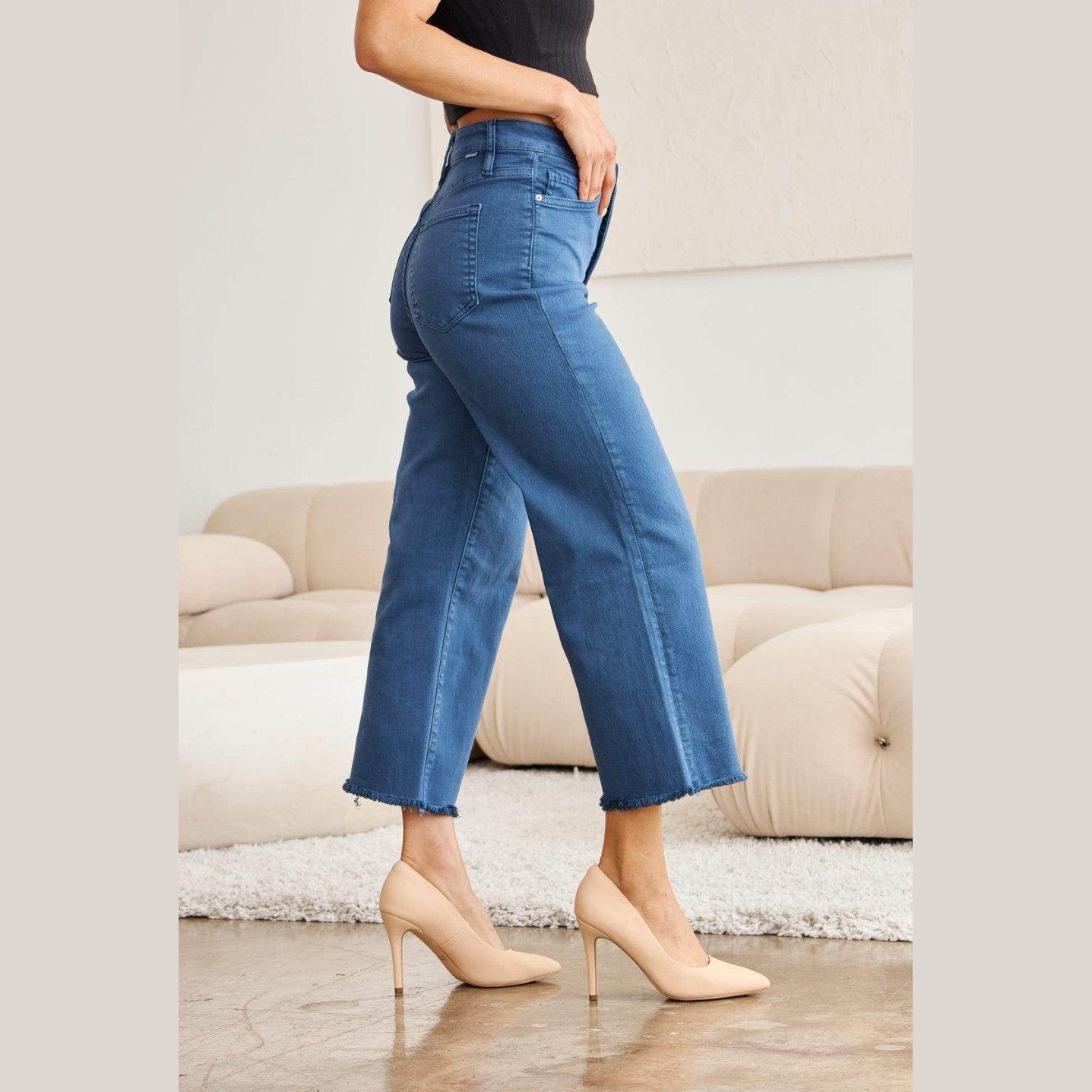 RFM Crop Chloe Full Size Tummy Control High Waist Raw Hem - VacationGrabs