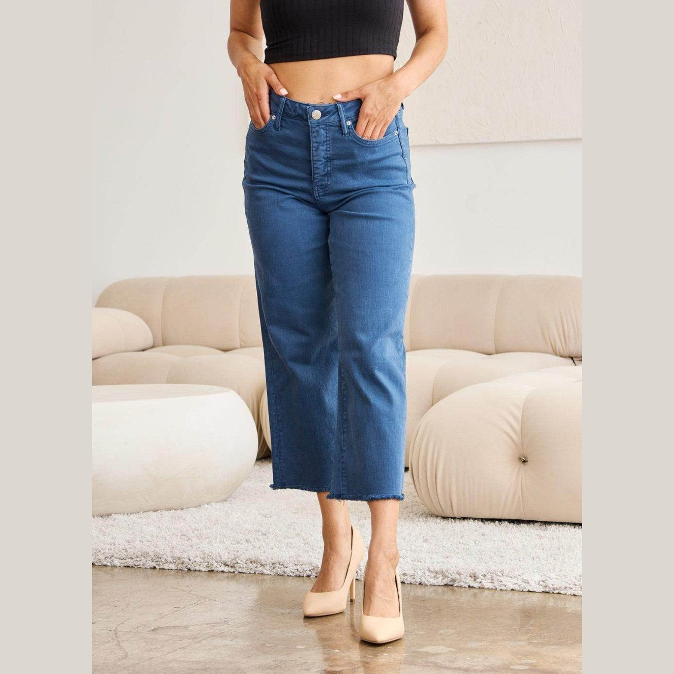 RFM Crop Chloe Full Size Tummy Control High Waist Raw Hem - VacationGrabs