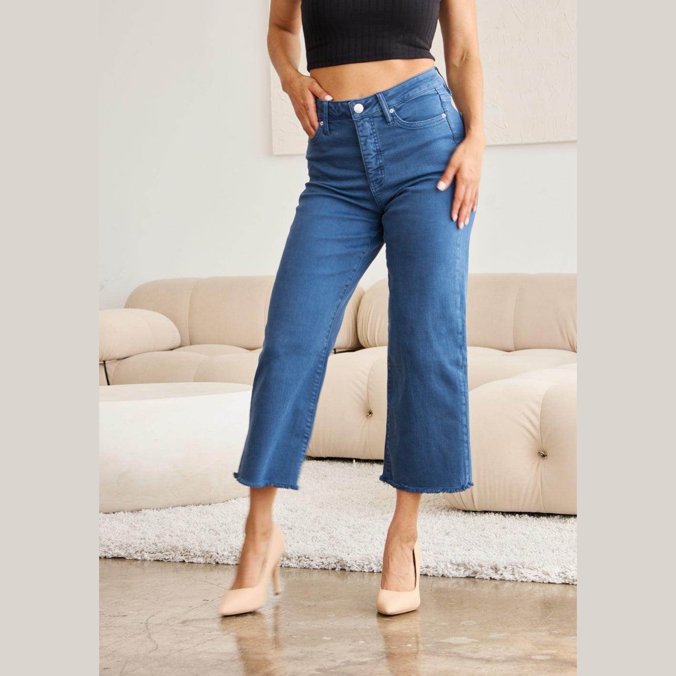 RFM Crop Chloe Full Size Tummy Control High Waist Raw Hem - VacationGrabs