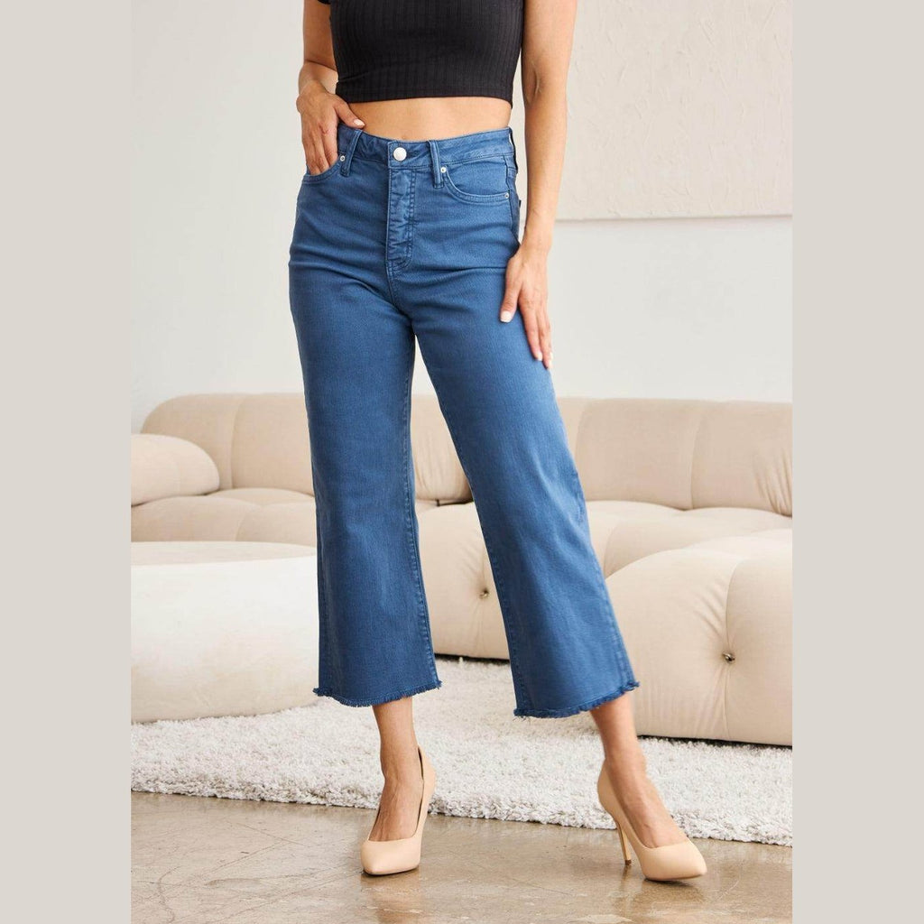RFM Crop Chloe Full Size Tummy Control High Waist Raw Hem - VacationGrabs