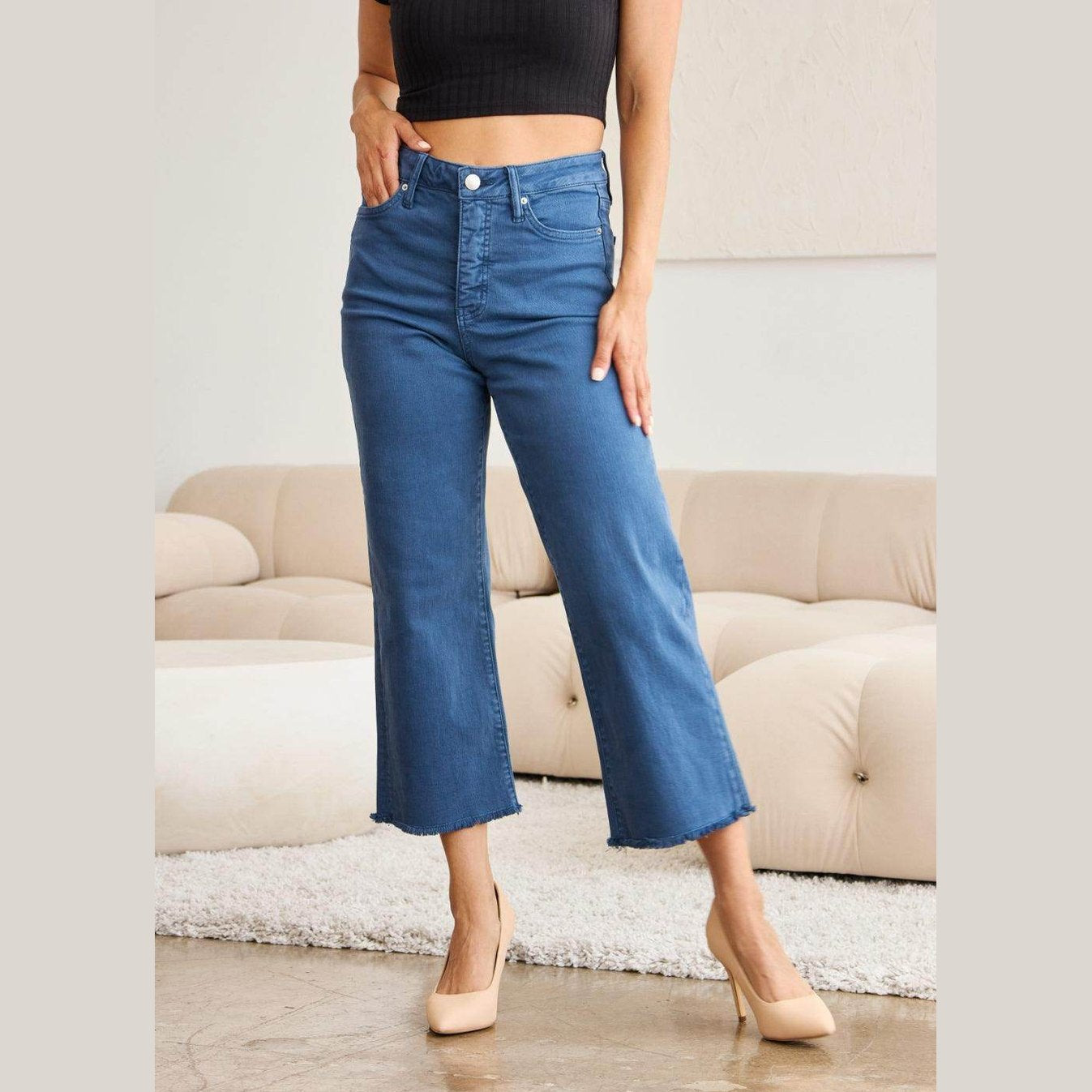 RFM Crop Chloe Full Size Tummy Control High Waist Raw Hem - VacationGrabs