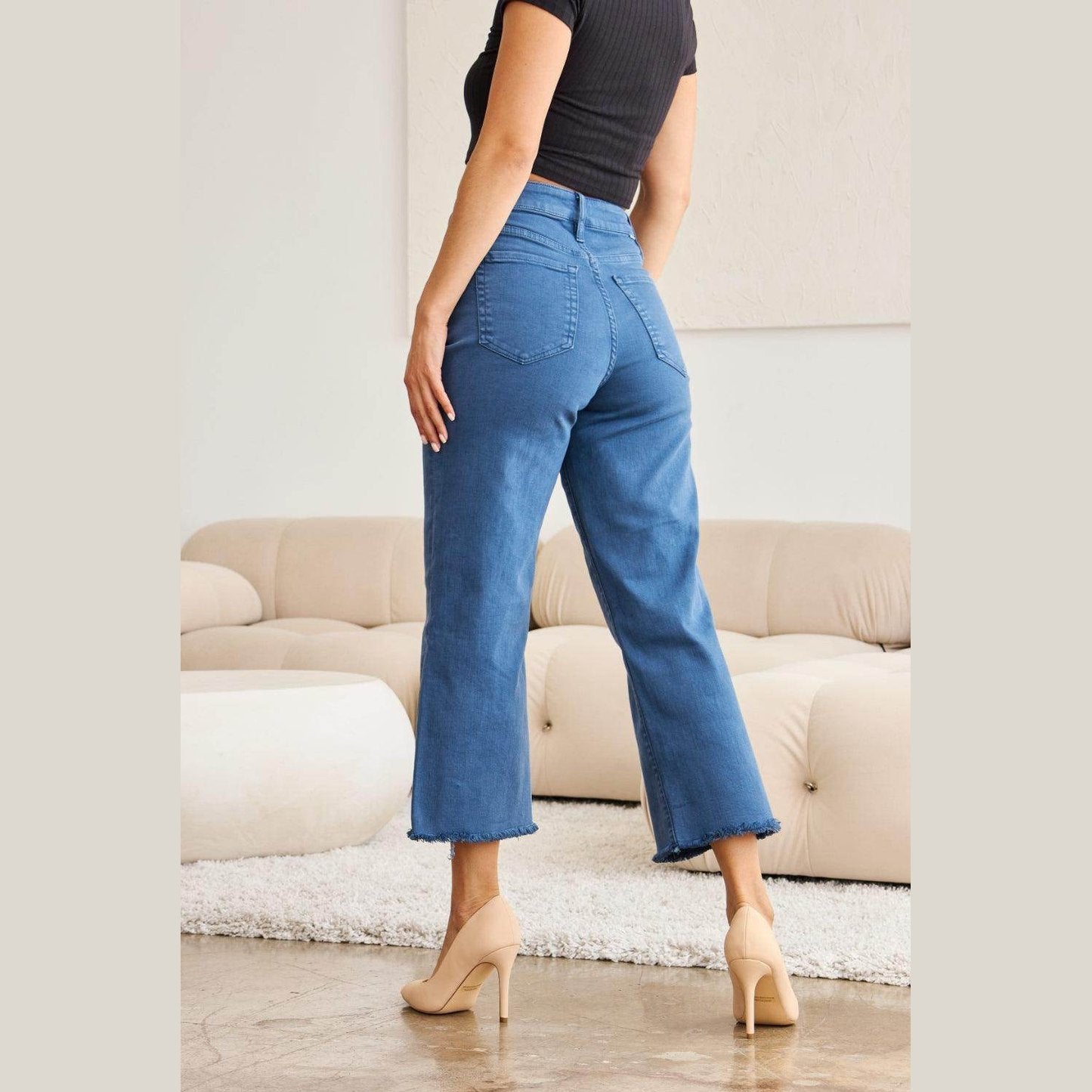 RFM Crop Chloe Full Size Tummy Control High Waist Raw Hem - VacationGrabs