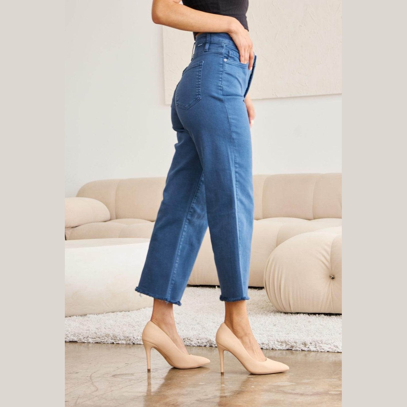 RFM Crop Chloe Full Size Tummy Control High Waist Raw Hem - VacationGrabs