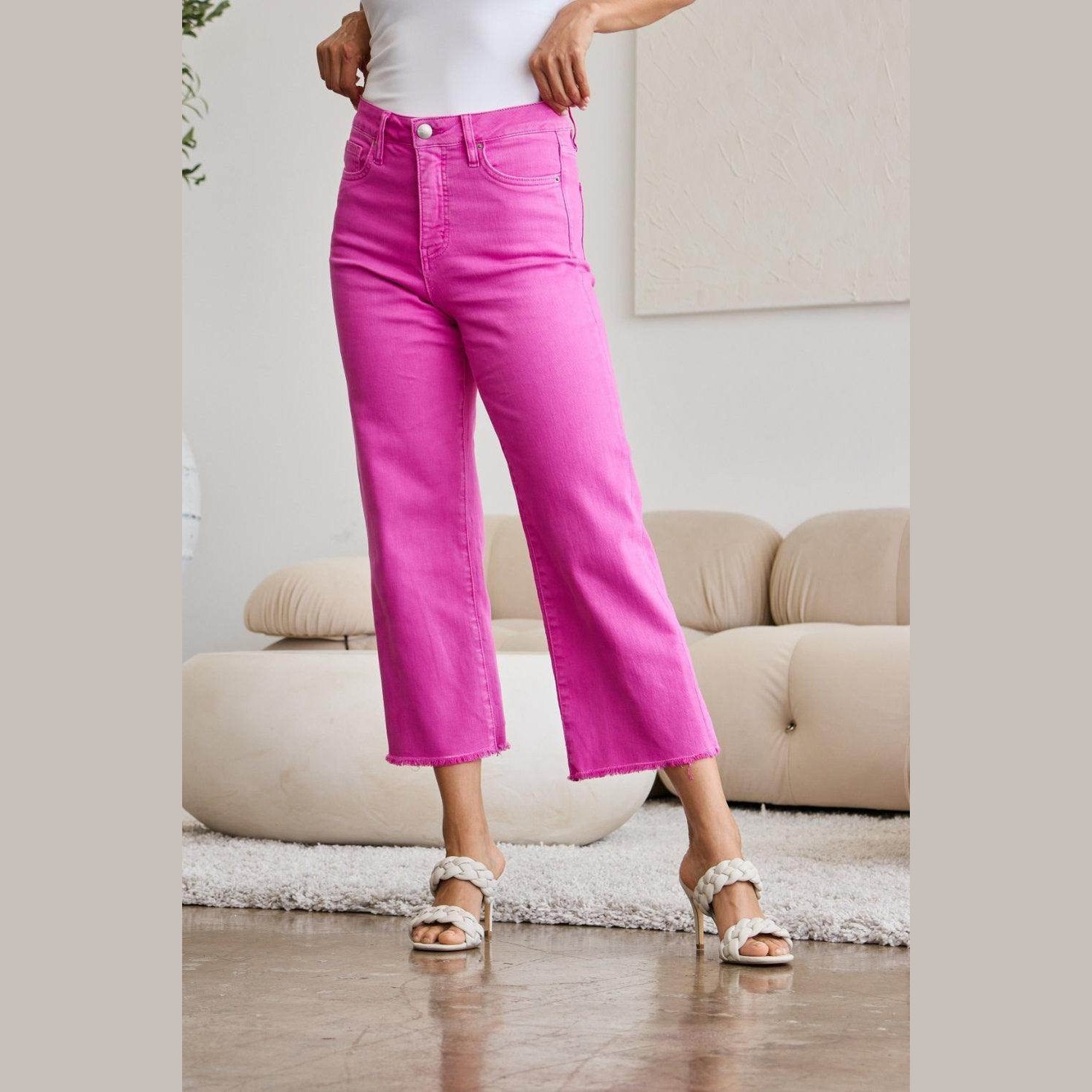 RFM Crop Chloe Full Size Tummy Control High Waist Raw Hem - VacationGrabs