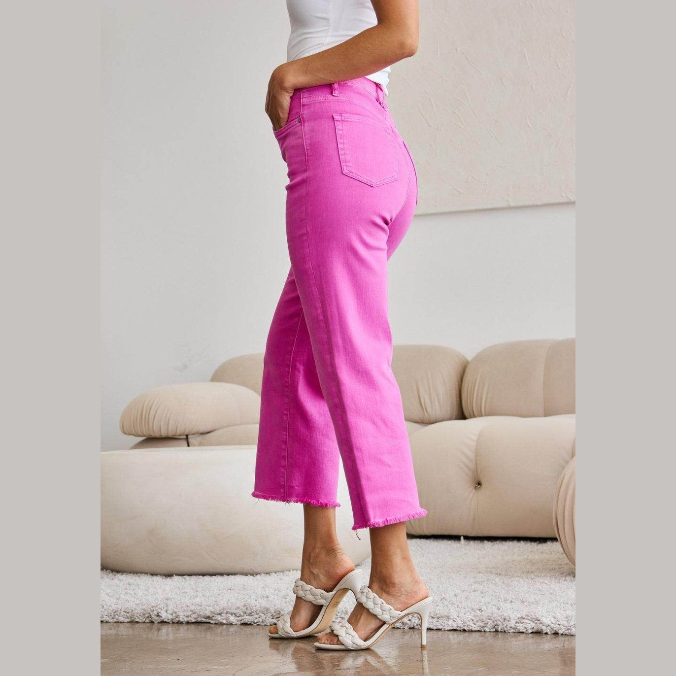 RFM Crop Chloe Full Size Tummy Control High Waist Raw Hem - VacationGrabs