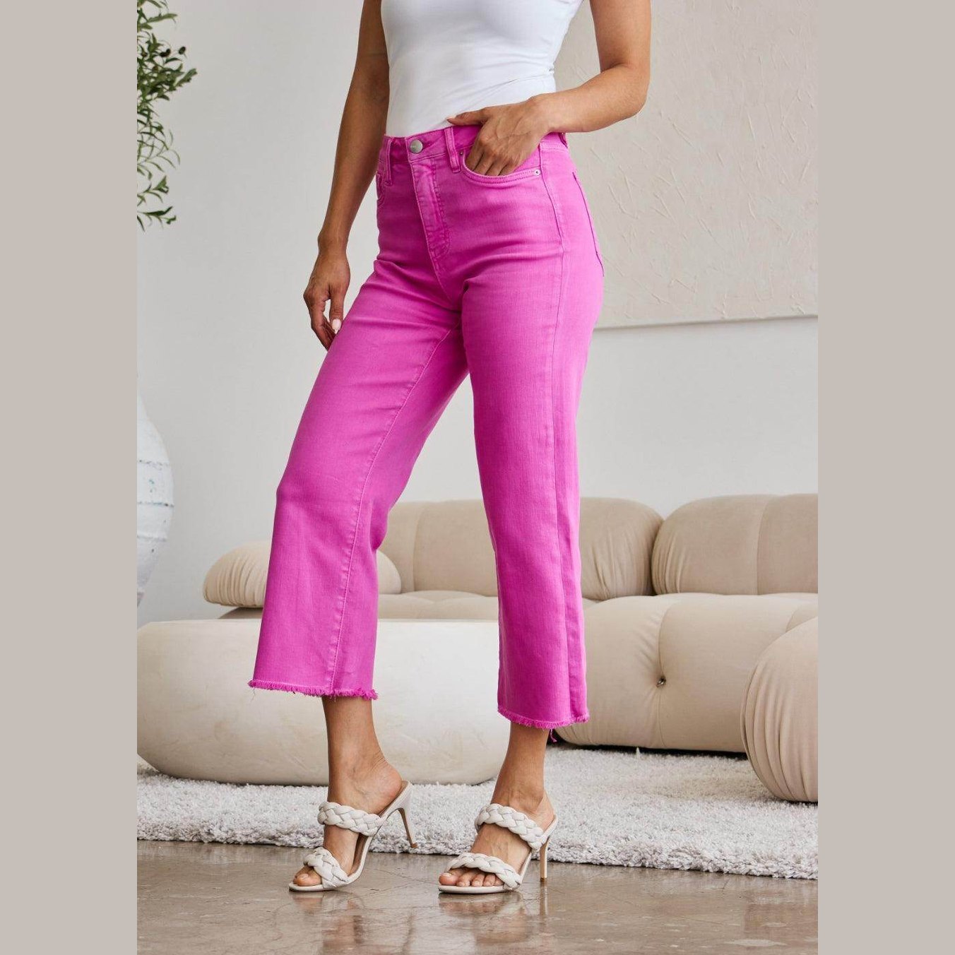 RFM Crop Chloe Full Size Tummy Control High Waist Raw Hem - VacationGrabs
