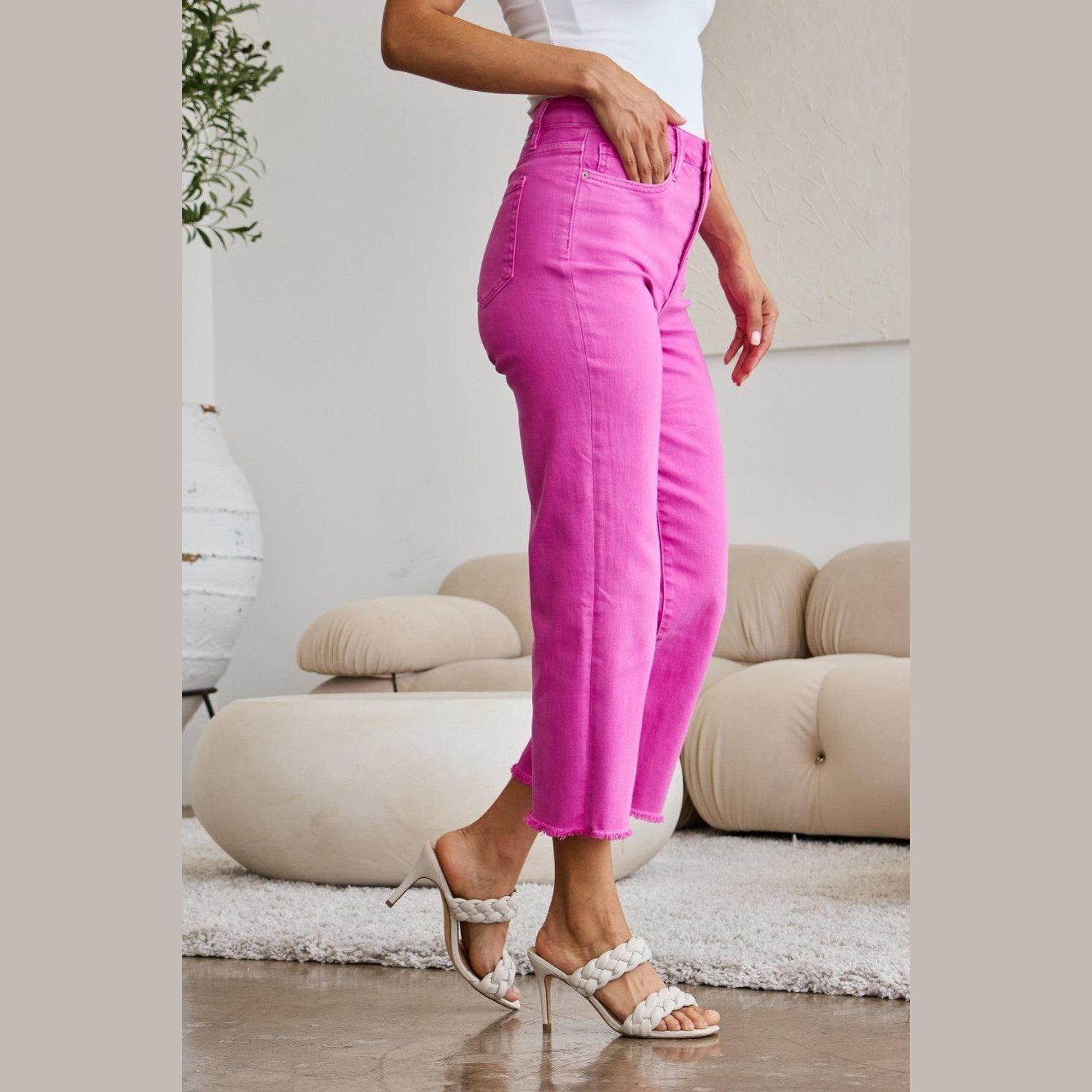 RFM Crop Chloe Full Size Tummy Control High Waist Raw Hem - VacationGrabs