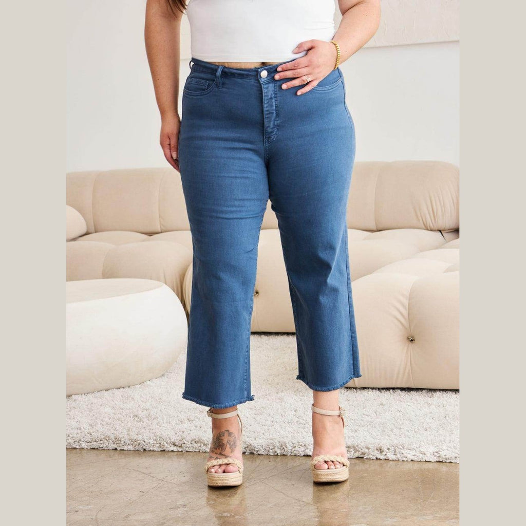 RFM Crop Chloe Full Size Tummy Control High Waist Raw Hem - VacationGrabs