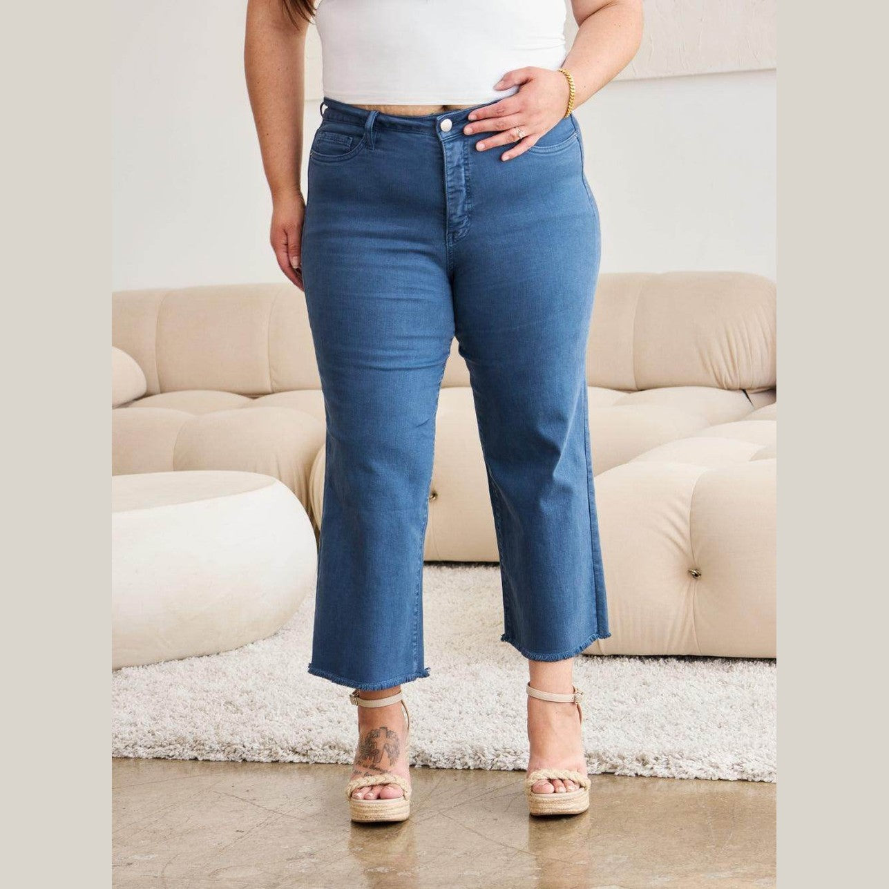 RFM Crop Chloe Full Size Tummy Control High Waist Raw Hem - VacationGrabs