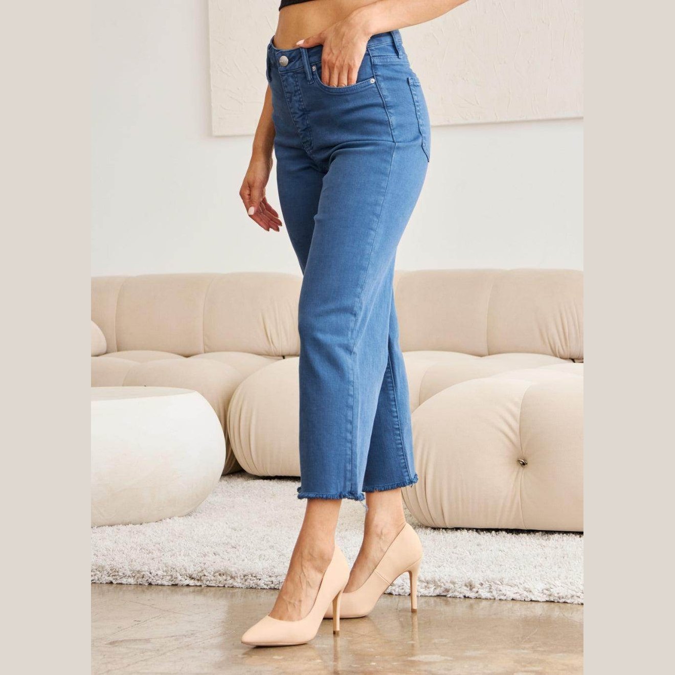 RFM Crop Chloe Full Size Tummy Control High Waist Raw Hem - VacationGrabs
