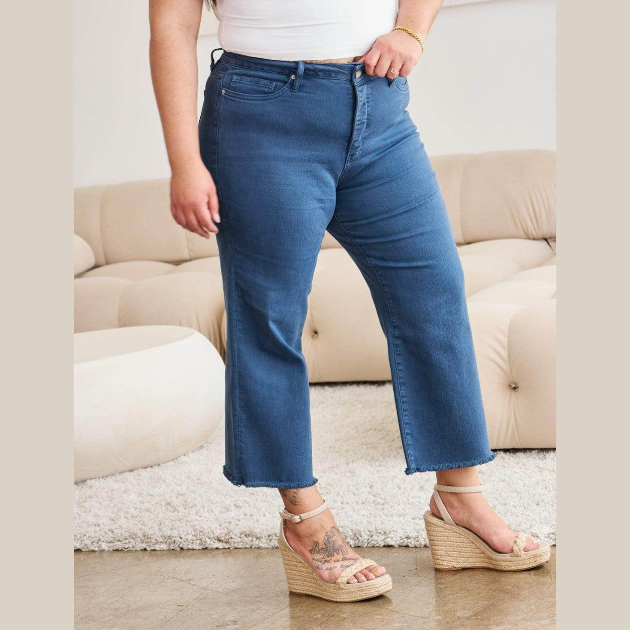RFM Crop Chloe Full Size Tummy Control High Waist Raw Hem - VacationGrabs